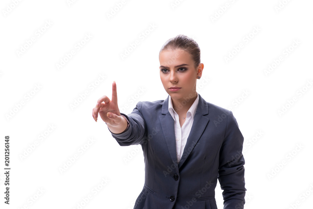 Young businesswoman pressing virtual button on white Young businesswoman pressing virtual button on white