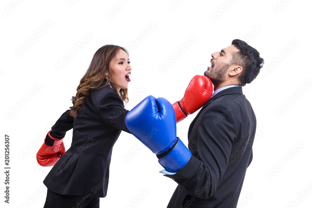 Business people boxing concept,woman hit man on white background,This has clipping path Business people boxing concept,woman hit man on white background,This has clipping path