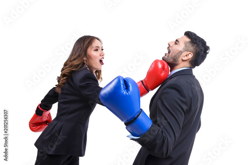 Business people boxing concept,woman hit man on white background,This has clipping path © reewungjunerr