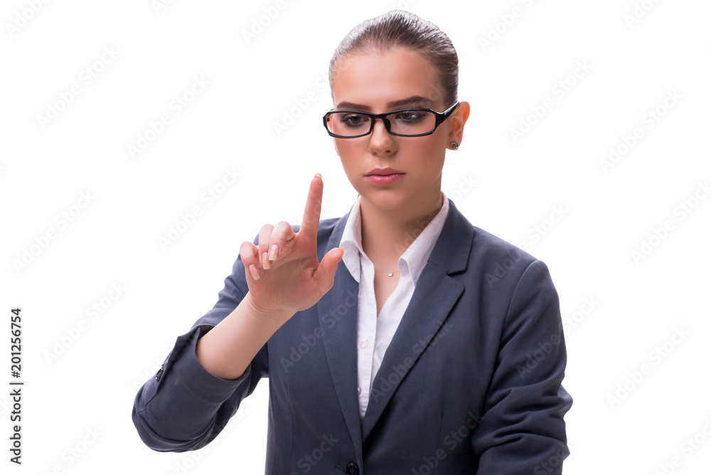 Young businesswoman pressing virtual button on white Young businesswoman pressing virtual button on white