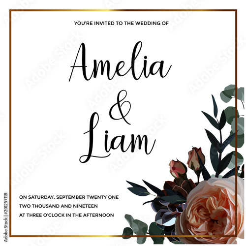 Floral wedding invitation card with rose,succulent,eucalypyus leaves in watercolor style. Botanical template with golden frame and flowers for invite, greeting and covers, poligraphy