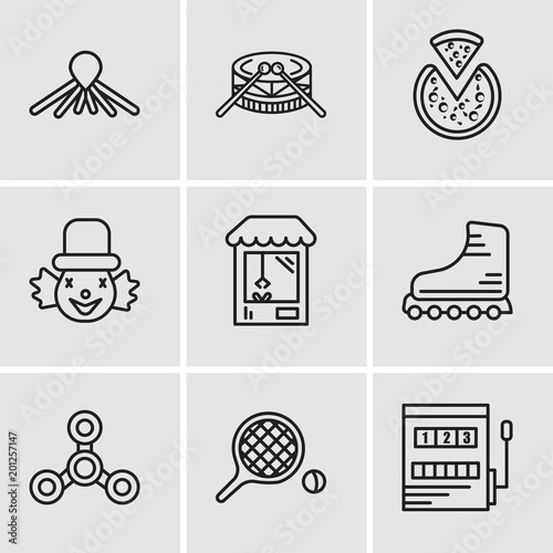 Set Of 9 simple editable icons such as Gaming, Table tennis, Drone, Rollers, Machine, Clown, Pizza, Drums, Balloon dog