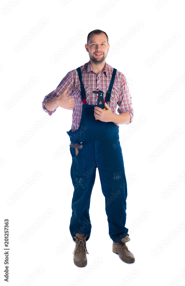 Handyman with hammer standing on white background Handyman with hammer standing on white background