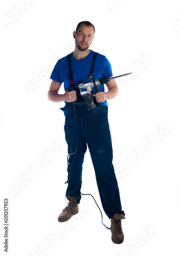 Portrait of a young worker standing on white background