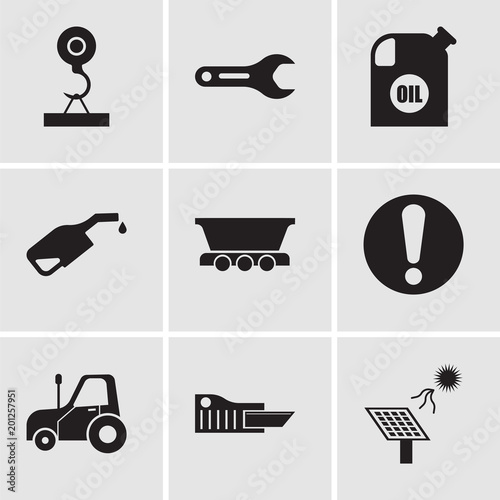 Set Of 9 simple editable icons such as solar battery, cutter, autotruck, exclamation, freight wagon, pump, oil container, pipe wrench, load crane
