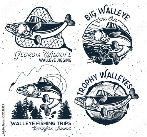 Vintage emblematy i etykiety wędkarskie Walleye.