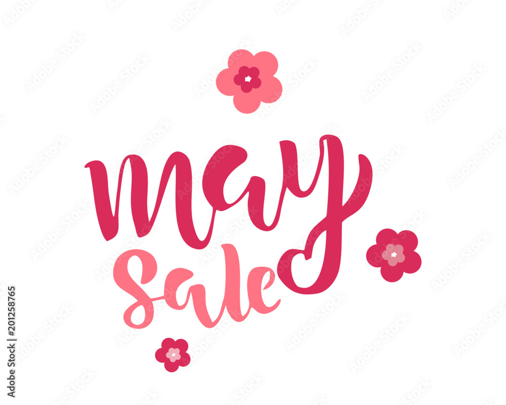 May sale flyer template with handwritten lettering with flowers. Poster, card, label, banner design. Bright and stylish sketched text. Vector illustration EPS10 May sale flyer template with handwritten lettering with flowers. Poster, card, label, banner design. Bright and stylish sketched text. Vector illustration EPS10