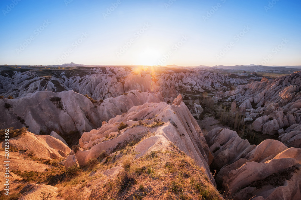 beautiful panoramic view of  Red Valley, Cappadocia, Turkey on sunset. natiral background