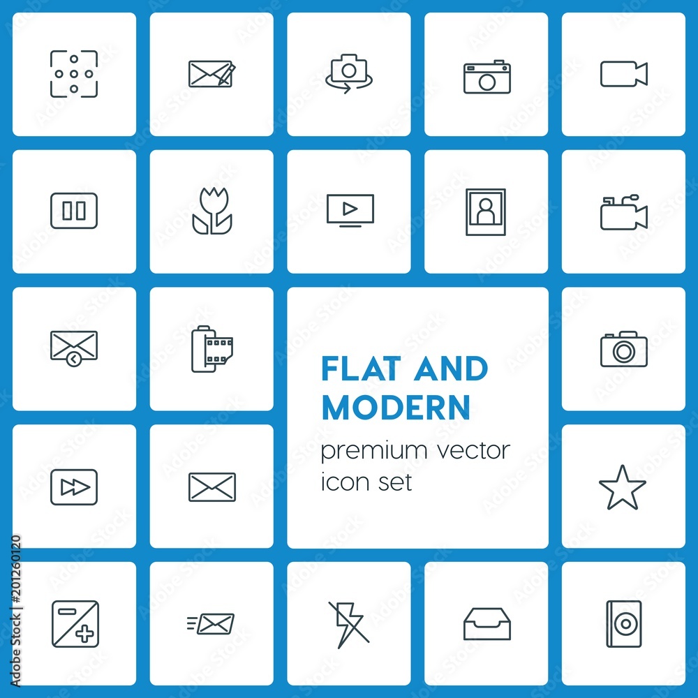 Modern Simple Set of video, photos, email Vector outline Icons. ..Contains such Icons as symbol, photo, video, mail, letter, flash, dvd and more on dark background. Fully Editable. Pixel Perfect Modern Simple Set of video, photos, email Vector outline Icons. ..Contains such Icons as symbol, photo, video, mail, letter, flash, dvd and more on dark background. Fully Editable. Pixel Perfect