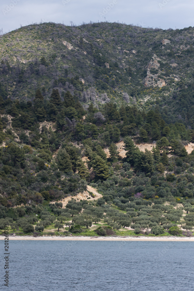Amazing Landscape of Mount Athos at Autonomous Monastic State of the Holy Mountain, Chalkidiki, Greece

