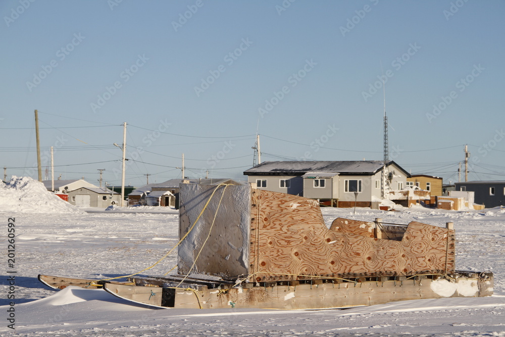 Side view of a traditional Inuit cargo sled or Komatik in the Arviat style in the Kivalliq region, Nunavut Canada Side view of a traditional Inuit cargo sled or Komatik in the Arviat style in the Kivalliq region, Nunavut Canada