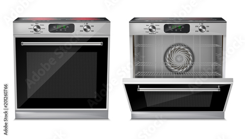 Vector 3d realistic compact oven with induction cooktop, with pre-set cooking programs, with open and close door, front view isolated on background. Built-in household appliance, modern stove