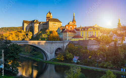 Colorful town and Castle Loket over Eger river in the near of Karlovy Vary, Czech Republic