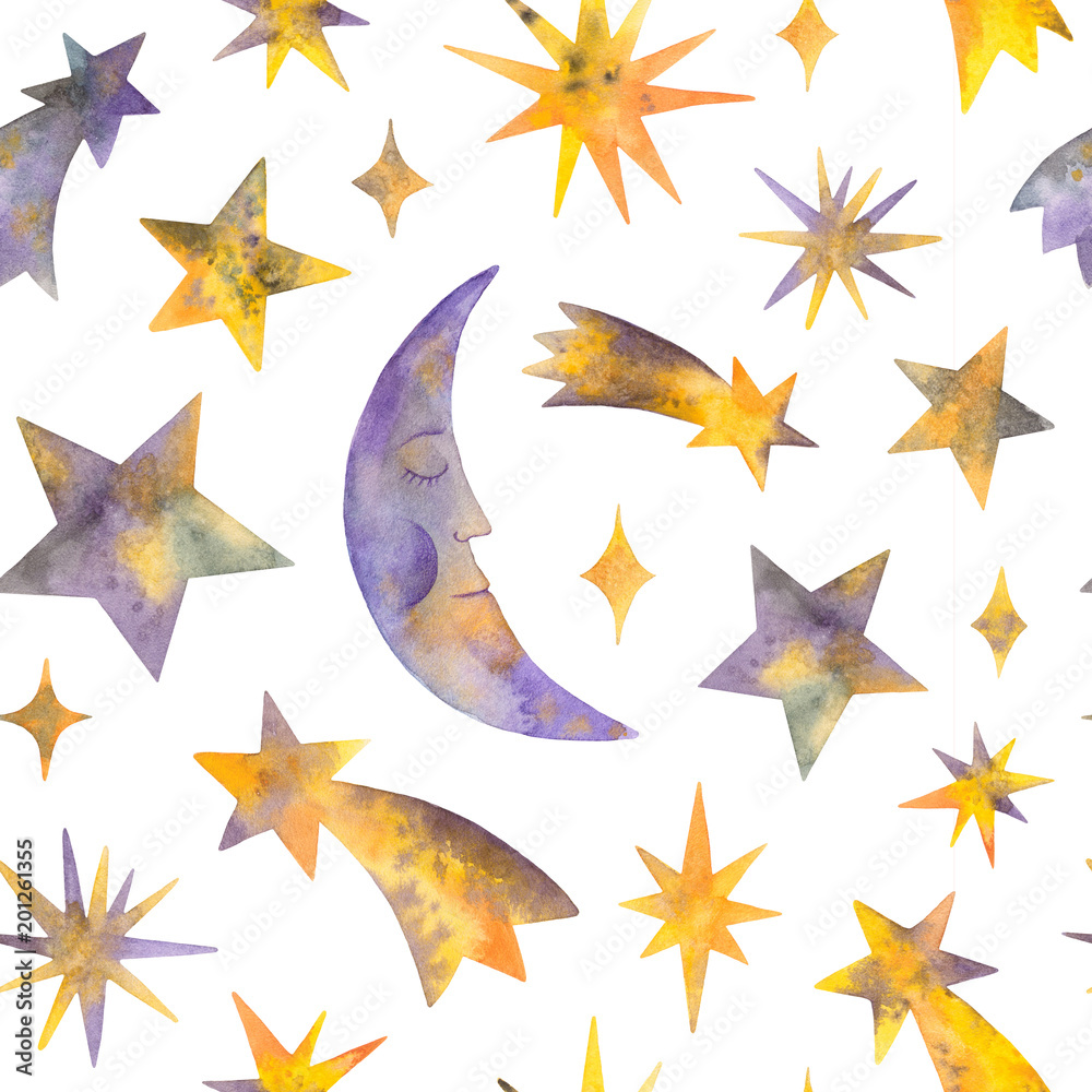 Obraz premium watercolor moon, comet, stars and celestial bodies. seamless pattern on a white background