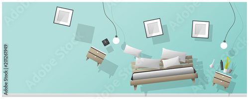 Interior concept background with furniture hovering into new bedroom , vector , illustration