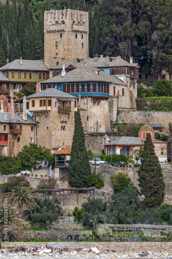 Obraz premium Docheiariou (Dochiariou) monastery at Mount Athos in Autonomous Monastic State of the Holy Mountain, Chalkidiki, Greece