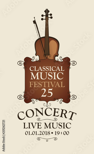 Vector poster for a concert of classical music with violin and bow in retro style