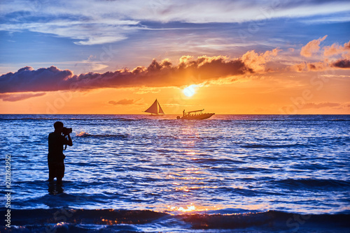 Fototapeta Naklejka Na Ścianę i Meble -  Beautiful sunset on Boracay white beach, Philippines