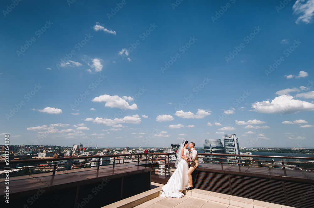 Beautiful newlyweds standing on the roof on a sunny day and hugging each other. The bride and groom in the background of a large and sunny city.