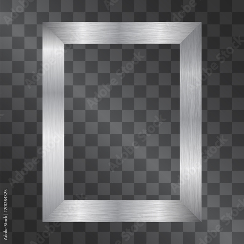 Brushed metallic frame on transparent background. Aluminum decorative grunge style border mockup for picture, illustration, photo, poster. Silver cold tint realistic framework. Gallery template.