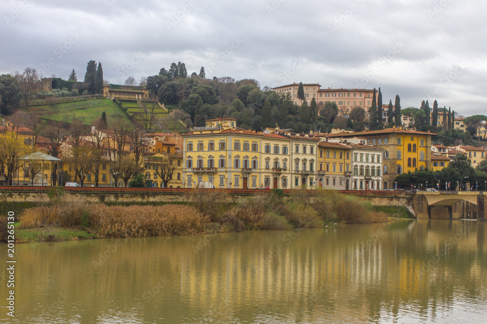 Beautiful panoramic view of the Arno River and the town of Renaissance. Firenze. Florence. Italy