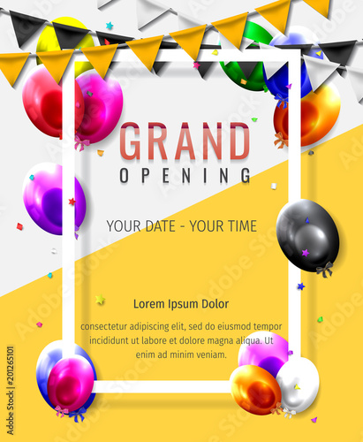 Grand opening invitation concept. Celebration design. Gold glitter letters on abstract background with light effect and bokeh.