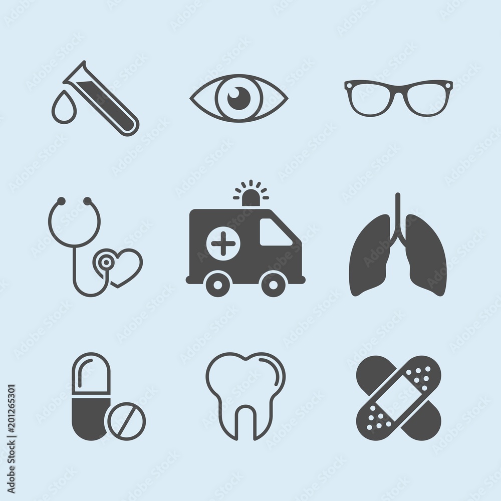 Medical flat vector icons set. Vial, eye glasses, a stethoscope, ambulance, light, tablet, tooth, band-aid flat vector icons Medical flat vector icons set. Vial, eye glasses, a stethoscope, ambulance, light, tablet, tooth, band-aid flat vector icons