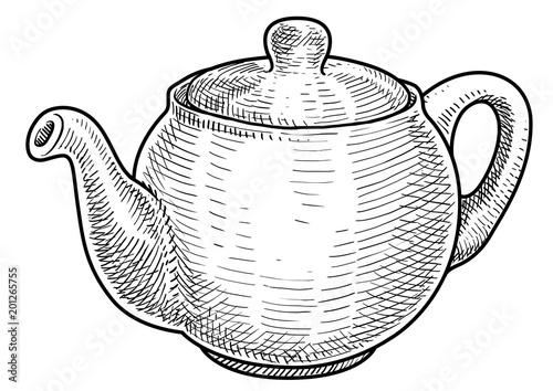 Teapot illustration, drawing, engraving, ink, line art, vector