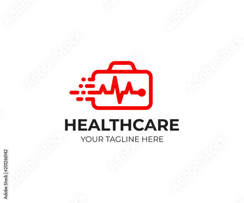Medical suitcase logo template. First aid kit and heartbeat line vector design. Ambulance logotype