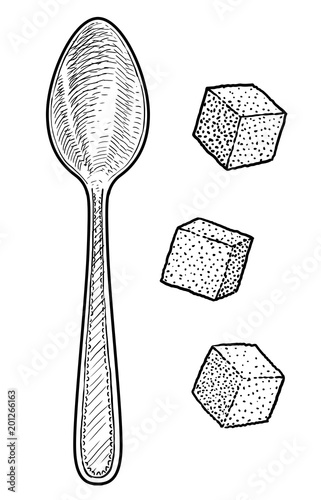 Spoon and cube sugar illustration, drawing, engraving, ink, line art, vector