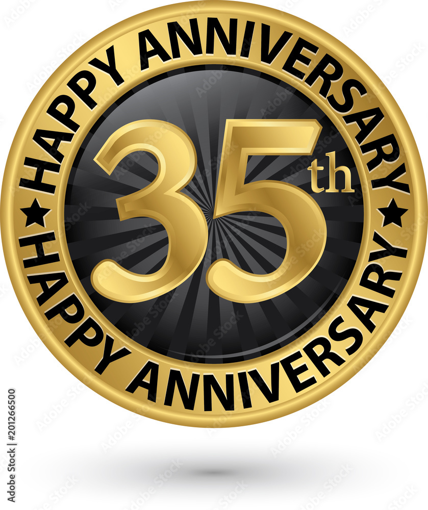 Happy 35th years anniversary gold label, vector illustration
