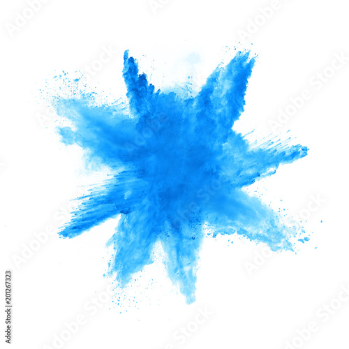 Abstract blue powder explosion on white background