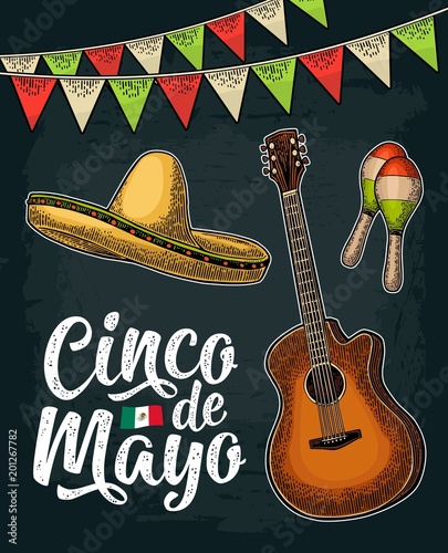 Cinco de Mayo lettering. Garland, maracas, sombrero and guitar engraving © MoreVector