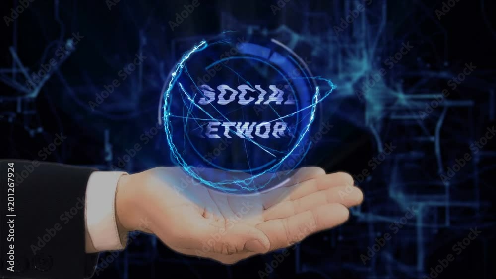 Painted hand shows concept hologram Social network on his hand. Drawn man in business suit with future technology screen and modern cosmic background Painted hand shows concept hologram Social network on his hand. Drawn man in business suit with future technology screen and modern cosmic background