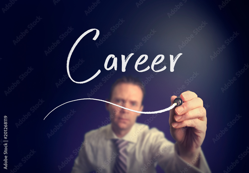 A businessman writing a Career concept with a white pen on a clear screen. A businessman writing a Career concept with a white pen on a clear screen.