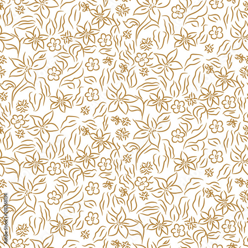Seamless vector pattern floral print. Sketched flower gold and white background pattern.