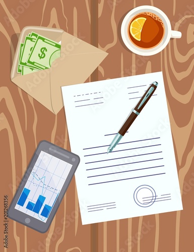 Workplace with contract, money in an envelope on table. Vector illustration.