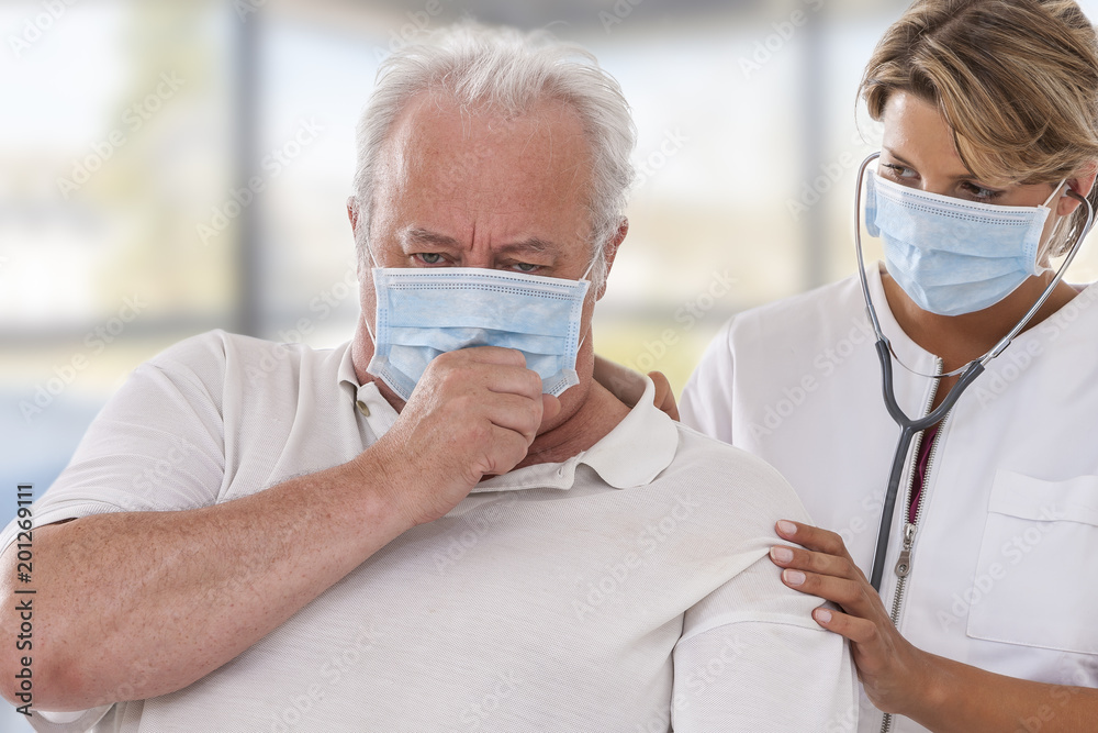 doctor examining lung of patient wearing mask for protection flu virus