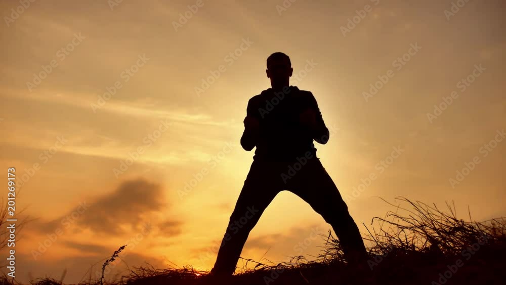 man warrior martial arts monk practicing silhouette karate kung Fu on the grassy horizon at sunset. Karate kick leg. Art of self-defense. Silhouette on a background of dramatic clouds nature at