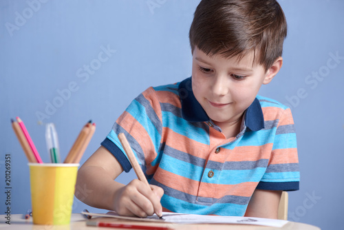 Cheerful smiling Caucasian boy spending time drawing with colorful pencils.