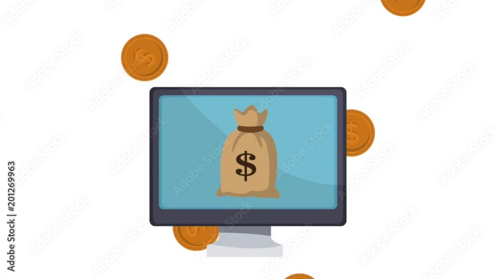 Money bag appears on screen over coins raining simbolizing money and business High definition animation colorful scenes Money bag appears on screen over coins raining simbolizing money and business High definition animation colorful scenes