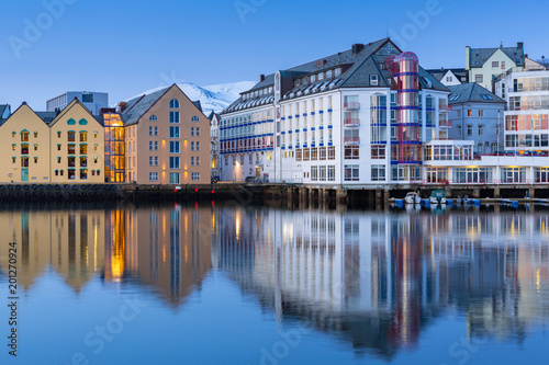Architecture of Alesund town reflected in the water, Norway © Patryk Kosmider