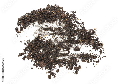 Pile of dirt isolated on a white background, top view.