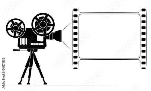 An old film projector on a tripod. Frame in the form of a film frame with perforation. Black outline.