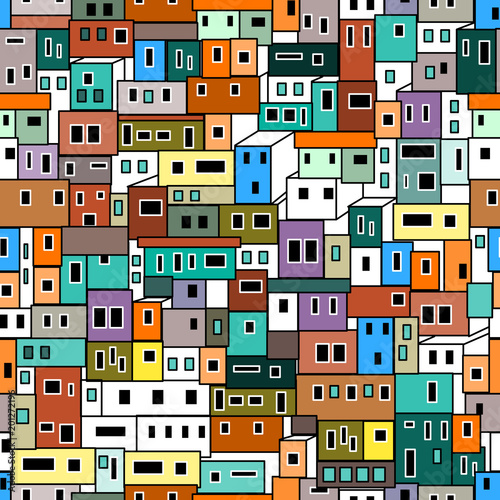 Colorful geometric pattern with urban motifs.
