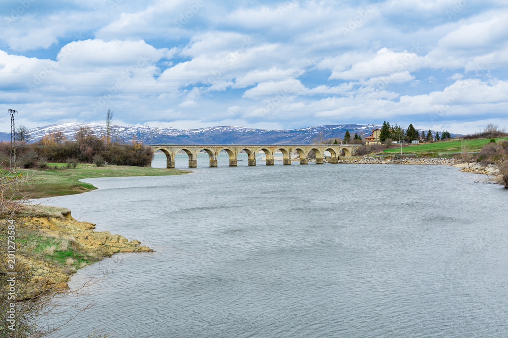 The railway bridge over the Arija reservoir, Burgos, Spain