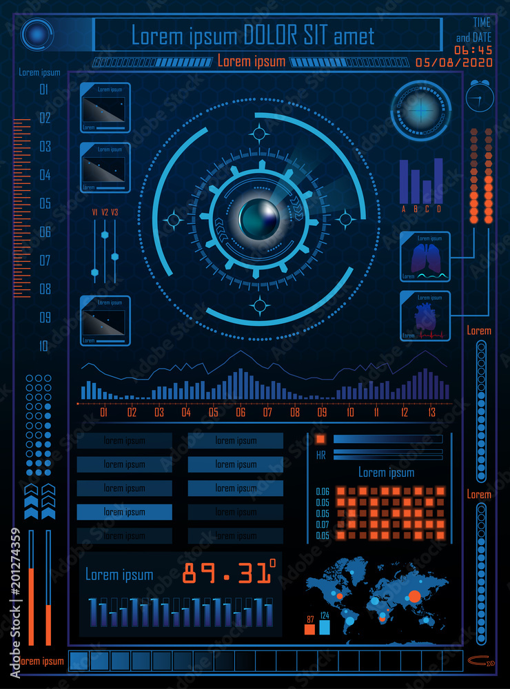 Technology Concept With Hud, Gui Design Elements. Head-up Display Monitor. Futuristic User Interface. Infographic Menu Ui For Vr.  Vector Illustration.
