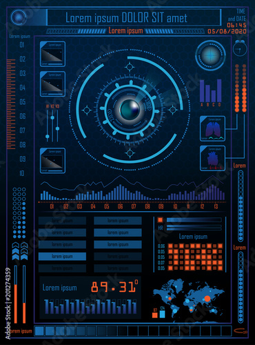 Technology Concept With Hud, Gui Design Elements. Head-up Display Monitor. Futuristic User Interface. Infographic Menu Ui For Vr.  Vector Illustration.