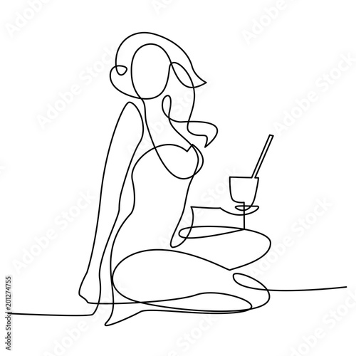 Beautiful woman in bikini sunbathing at the seaside with a glass of cocktail - continuous line drawing vector