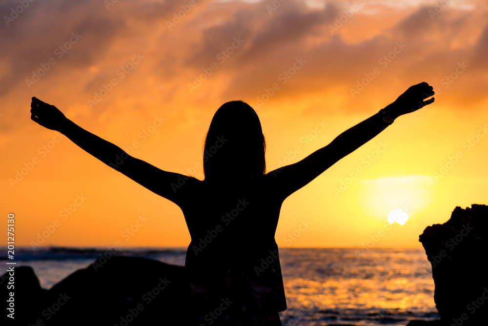 Silhouette of girl in the sea watching the sunrise